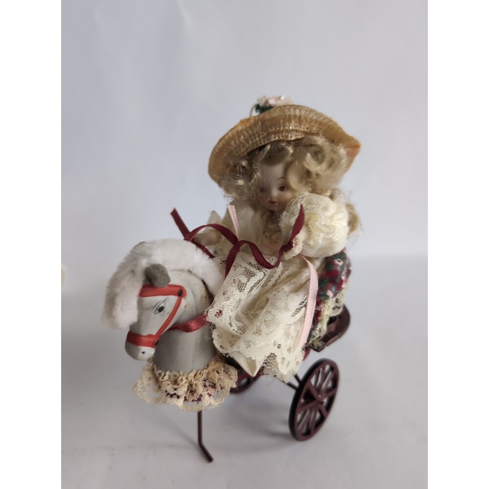 Vtg KURT ADLER Victorian Gir Wicker Horse Cart Porcelain Doll Christmas Ornament